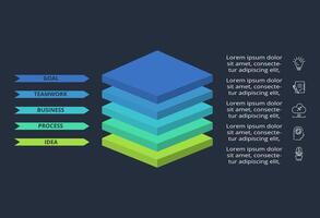 3d concept for infographic with 5 steps, options, parts or processes. Template for web on a black background. vector