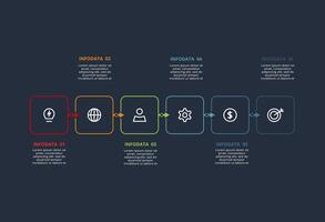 Line concept for infographic with 6 steps, options, parts or processes. Template for web on a black background. vector
