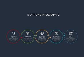 Line concept for infographic with 5 steps, options, parts or processes. Template for web on a black background. vector