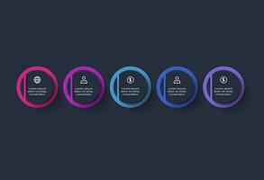 Creative dark infographic with 5 elements template for web on a black background, business, presentation. vector