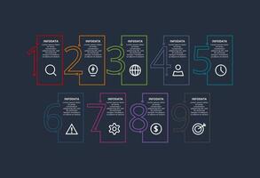 Line concept for infographic with 9 steps, options, parts or processes. Template for web on a black background. vector