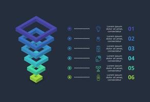 3d concept for infographic with 6 steps, options, parts or processes. Template for web on a black background. vector
