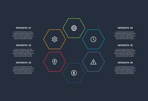 Line concept for infographic with 6 steps, options, parts or processes. Template for web on a black background. vector