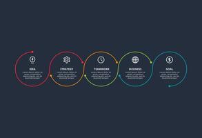 Line concept for infographic with 5 steps, options, parts or processes. Template for web on a black background. vector