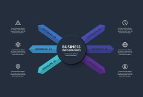 Creative dark infographic with 6 elements template for web on a black background, business, presentation. vector