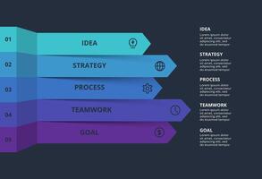 Creative dark infographic with 5 elements template for web on a black background, business, presentation. vector