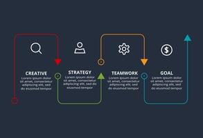 Line concept for infographic with 4 steps, options, parts or processes. Template for web on a black background. vector
