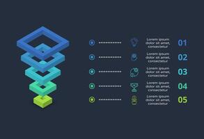 3d concept for infographic with 5 steps, options, parts or processes. Template for web on a black background. vector