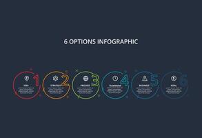 Line concept for infographic with 6 steps, options, parts or processes. Template for web on a black background. vector