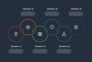 Line concept for infographic with 6 steps, options, parts or processes. Template for web on a black background. vector