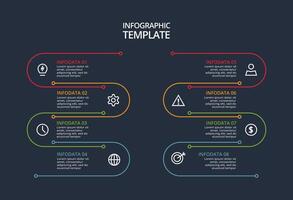 Line concept for infographic with 8 steps, options, parts or processes. Template for web on a black background. vector
