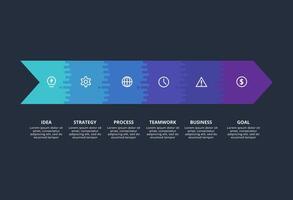 Creative dark infographic with 6 elements template for web on a black background, business, presentation. vector