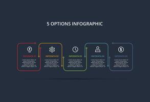 Line concept for infographic with 5 steps, options, parts or processes. Template for web on a black background. vector