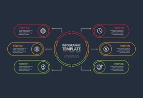 Line concept for infographic with 6 steps, options, parts or processes. Template for web on a black background. vector