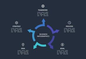 Creative dark infographic with 5 elements template for web on a black background, business, presentation. vector