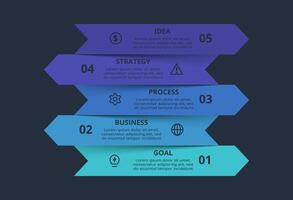 Creative dark infographic with 5 elements template for web on a black background, business, presentation. vector