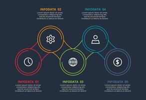 Line concept for infographic with 5 steps, options, parts or processes. Template for web on a black background. vector