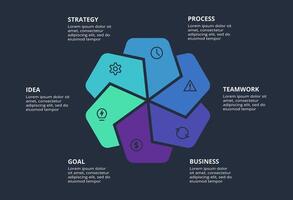 Circle dark infographic with 6 elements template for web on a black background, business, presentation. vector