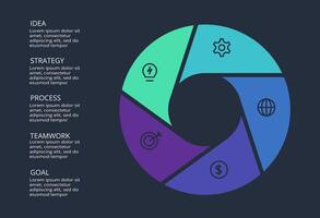 Circle dark infographic with 5 elements template for web on a black background, business, presentation. vector