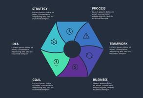 Circle dark infographic with 6 elements template for web on a black background, business, presentation. vector