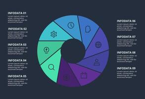 Circle dark infographic with 9 elements template for web on a black background, business, presentation. vector