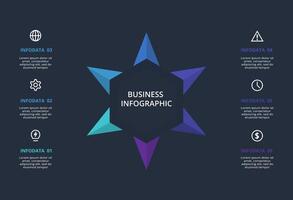 Creative dark infographic with 6 elements template for web on a black background, business, presentation. vector