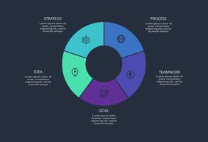 Circle dark infographic with 5 elements template for web on a black background, business, presentation. vector