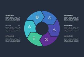 Circle dark infographic with 6 elements template for web on a black background, business, presentation. vector