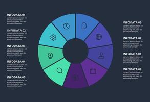 Circle dark infographic with 9 elements template for web on a black background, business, presentation. vector