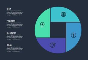 Circle dark infographic with 4 elements template for web on a black background, business, presentation. vector