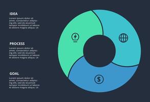 Circle dark infographic with 3 elements template for web on a black background, business, presentation. vector