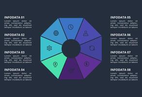 Circle dark infographic with 8 elements template for web on a black background, business, presentation. vector