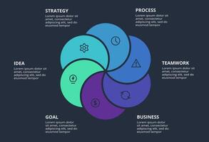 Circle dark infographic with 6 elements template for web on a black background, business, presentation. vector