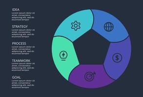 Circle dark infographic with 5 elements template for web on a black background, business, presentation. vector