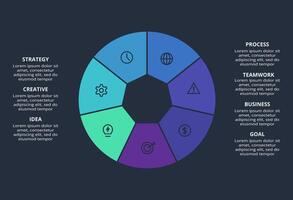 Circle dark infographic with 7 elements template for web on a black background, business, presentation. vector
