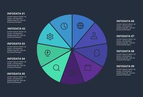 Circle dark infographic with 9 elements template for web on a black background, business, presentation. vector