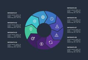 Circle dark infographic with 9 elements template for web on a black background, business, presentation. vector