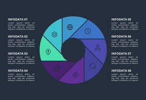 Circle dark infographic with 8 elements template for web on a black background, business, presentation. vector