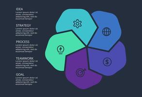 Circle dark infographic with 5 elements template for web on a black background, business, presentation. vector