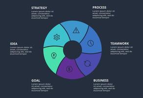 Circle dark infographic with 6 elements template for web on a black background, business, presentation. vector