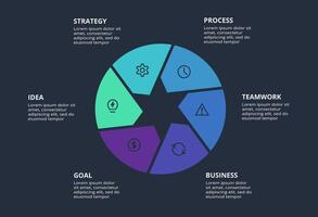 Circle dark infographic with 6 elements template for web on a black background, business, presentation. vector