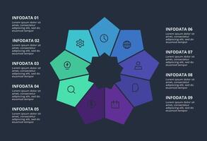 Circle dark infographic with 9 elements template for web on a black background, business, presentation. vector
