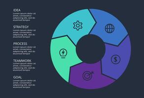 Circle dark infographic with 5 elements template for web on a black background, business, presentation. vector