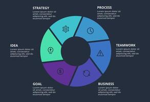Circle dark infographic with 6 elements template for web on a black background, business, presentation. vector