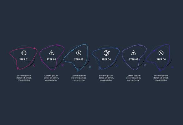 Creative dark infographic with 6 elements template for web on a black background, business, presentation.