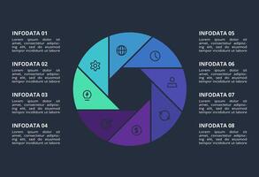 Circle dark infographic with 8 elements template for web on a black background, business, presentation. vector
