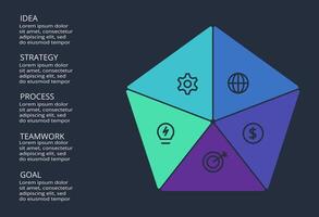 Circle dark infographic with 5 elements template for web on a black background, business, presentation. vector