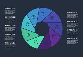 Circle dark infographic with 9 elements template for web on a black background, business, presentation. vector