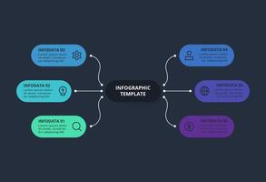 Creative dark infographic with 6 elements template for web on a black background, business, presentation. vector