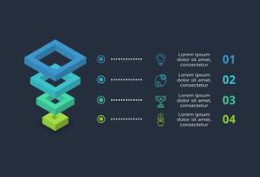 3d concept for infographic with 4 steps, options, parts or processes. Template for web on a black background. vector